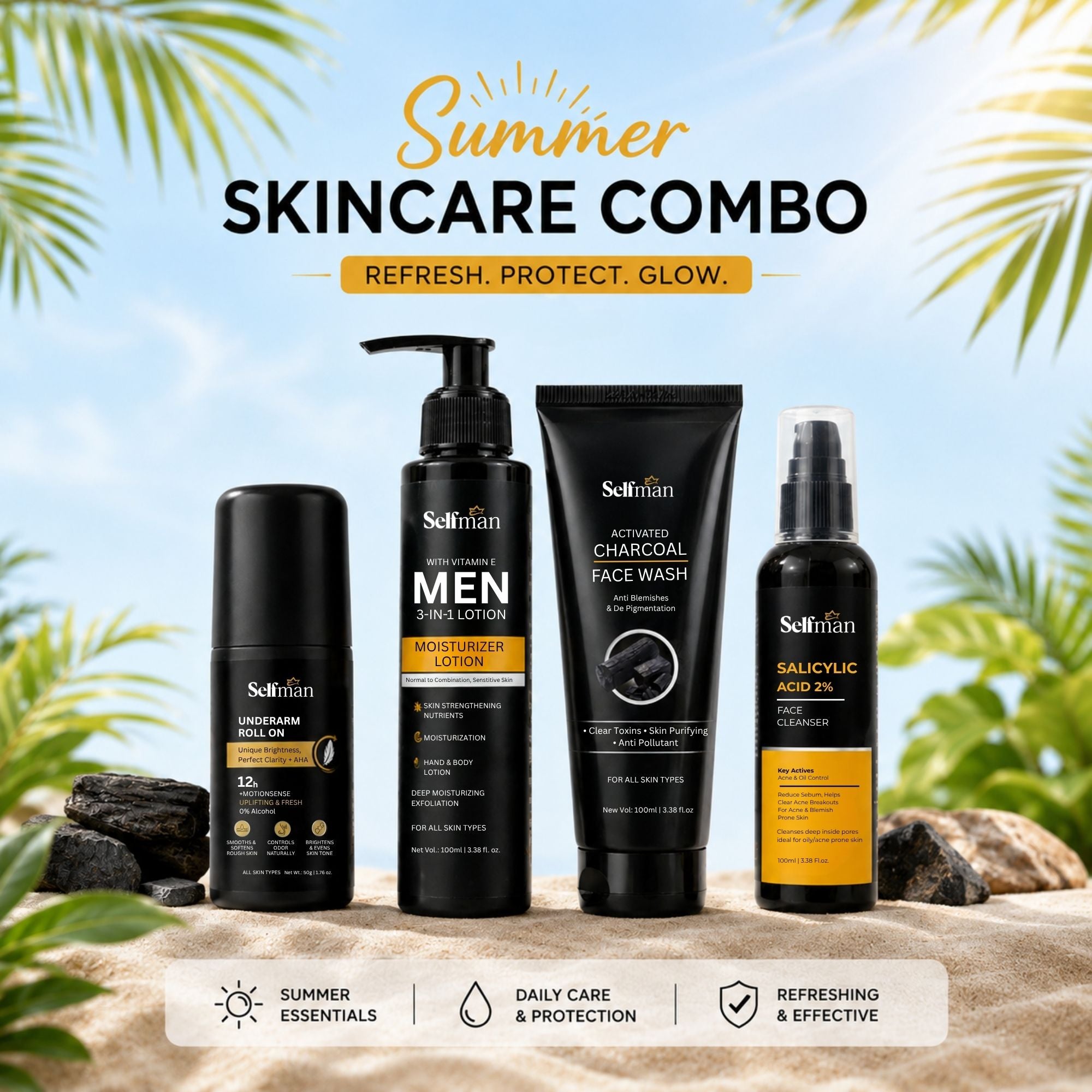 Selfman Summer Skincare Combo for Men | Face Wash, Cleanser, Lotion & Underarm Roll On